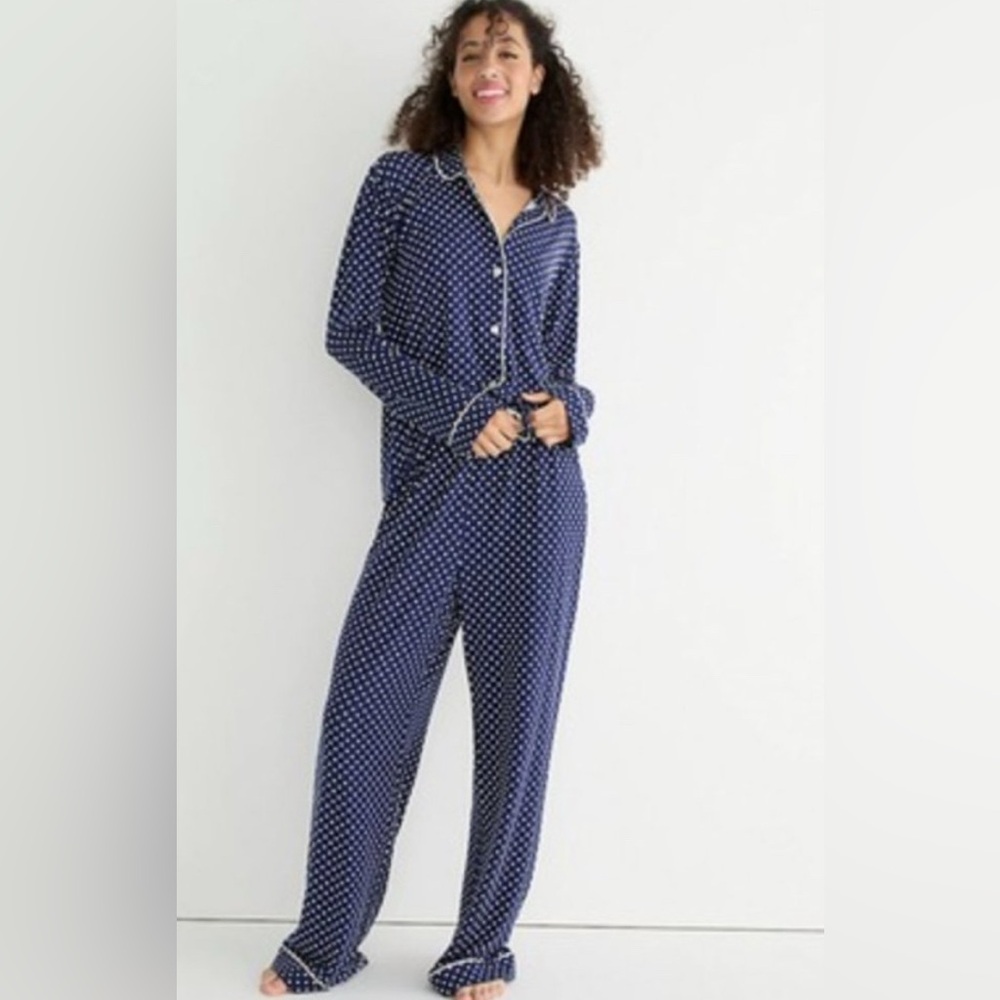 LL Bean Flannel Pajama Set Navy Blue with White Polka-dot Size XL 100% cotton